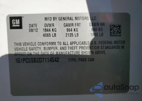 2013 Chevrolet Cruze Lt из США, поврежденный, VIN 1G1PC5SB2D7114542